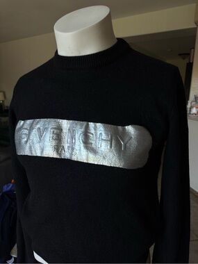 Givenchy Black Crewneck Sweater with Silver Logo Band